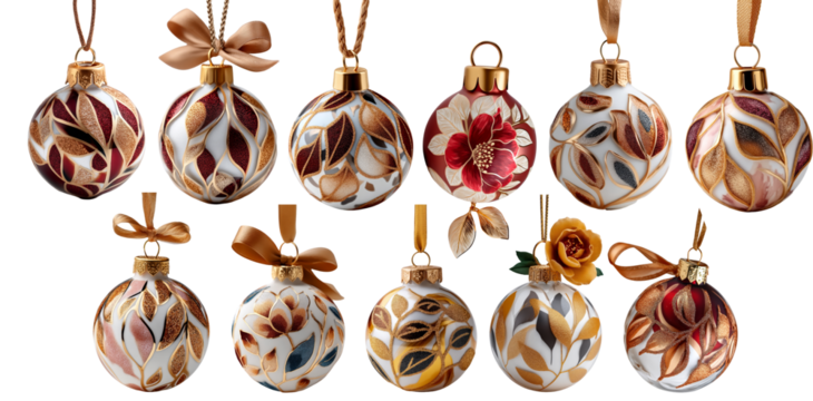 Decorative Christmas ornaments featuring intricate designs and vibrant colors, showcasing festive spirit and holiday cheer with copy space for text. transparent background, isolated image - Powered by Adobe