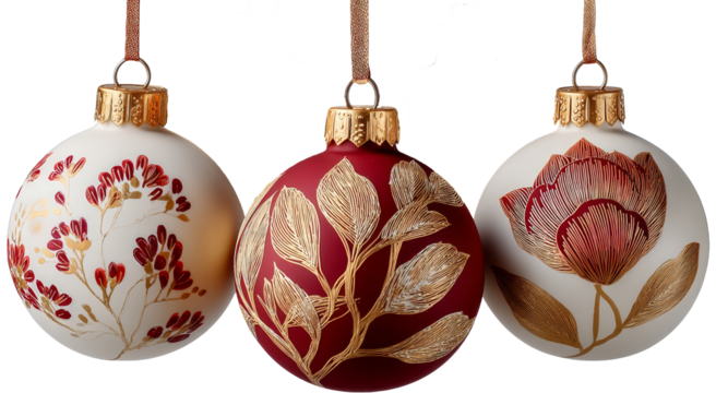 Decorative Christmas ornaments featuring intricate floral designs and rich colors, ideal for holiday celebrations and festive decor with copy space. transparent background, isolated image