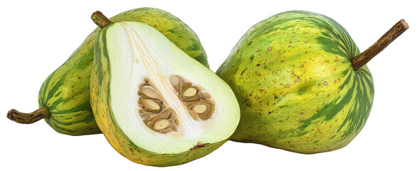 One fruit cut open, revealing seeds, next to whole fruits