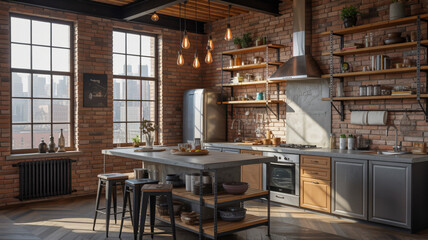 Stunning loft kitchen with brick walls bathed in sunlight creating a warm cozy ambiance perfect for relaxed cooking moments