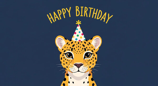 A cheerful cheetah celebrates a birthday with a festive party hat, perfect for greeting cards, invitations, and children's designs! - Powered by Adobe