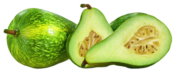 Two halves of a light green fruit with seeds, and one whole fruit