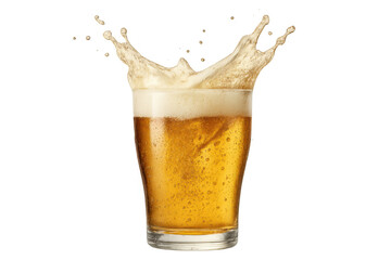 Refreshing golden beer splashing in a glass with foam, capturing cool alcoholic beverage drink moment, transparent background