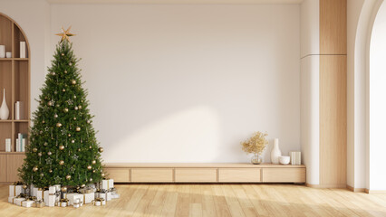 Living Room Interior with Christmas Tree Background, Christmas Interior Mockup with Copy Space Wall .wood tv cabinet..3D render