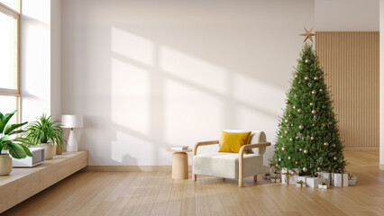 Naklejka premium Modern Scandinavian living room interior celebrating Christmas.with Armchair and Decorated Tree, Holiday Home Mockup.Empty Wall Copy Space.3d render
