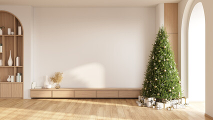 Contemporary scandinavian Christmas Living Room Interior with Christmas Tree, Holiday Home Decor for Product Display.3D render