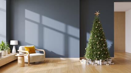 Modern Living Room Christmas Mockup with Armchair, Decorated Tree, and Empty  Blue Wall Copy Space, 3D Render
