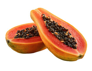 Two halves of a ripe papaya, revealing bright orange flesh and black seeds
