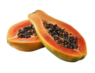 Sliced tropical fruit reveals bright orange flesh and many seeds