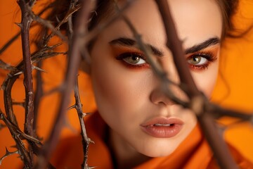 A woman in bright, fierce makeup, her brow furrowed, her gaze sharp behind a lattice of sharp thorns. The orange background highlights her warm skin tone and the dull texture of the branches