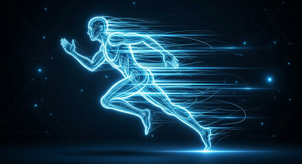 Dynamic neon runner sprinting with speed and energy on a dark background, showcasing fitness, technology, and human potential.