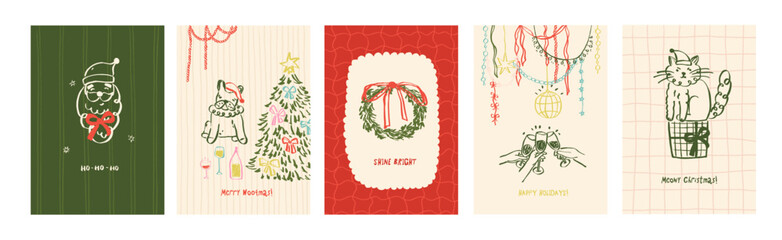 Whimsical Christmas set of cards. Whimsy design poster template with Christmas tree with bow, Santa, wreath and cute dog, cat. Ribbon garland border greeting card design