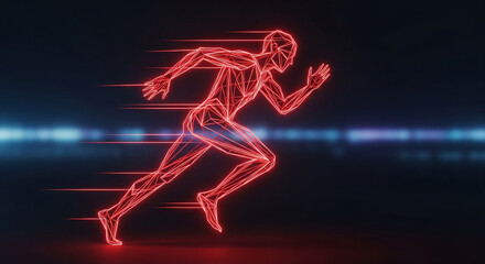 Dynamic neon runner sprinting with speed lines against a dark background, symbolizing energy, progress, and innovation