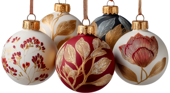 Decorative Christmas ornaments featuring intricate floral designs, vibrant colors, and elegant gold accents, perfect for holiday celebrations and festive decor  transparent background, isolated image