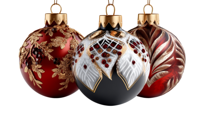 Decorative Christmas ornaments in vibrant colors with intricate designs and golden accents, showcasing festive elegance and holiday spirit with copy space. transparent background, isolated image - Powered by Adobe