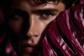Luxury advertising image of a male model in close-up, half her face hidden by elegantly textured burgundy monstera leaves. Her sharp gaze is directed directly into the camera, confident and mysterious