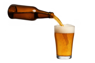 Golden beer pouring from a brown bottle into a glass mug, creating a refreshing foam, transparent background