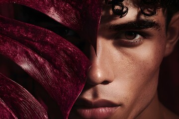 Luxury advertising image of a male model in close-up, half her face hidden by elegantly textured burgundy monstera leaves. Her sharp gaze is directed directly into the camera, confident and mysterious