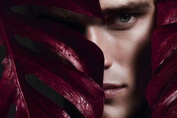 Luxury advertising image of a male model in close-up, half her face hidden by elegantly textured burgundy monstera leaves. Her sharp gaze is directed directly into the camera, confident and mysterious