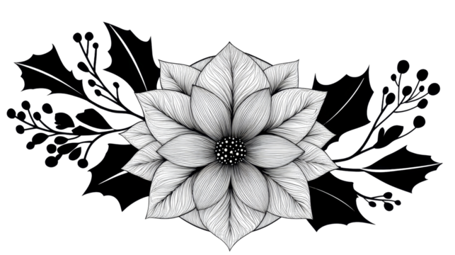 Black and white illustration of a poinsettia flower with holly leaves and berries, showcasing intricate details and elegant design for festive decoration. transparent background, isolated image
