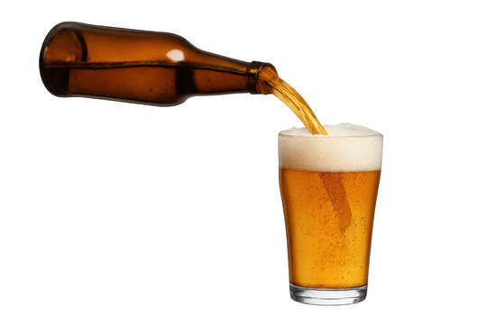 Golden beer pouring from a brown bottle into a glass mug, creating a refreshing foam, transparent background