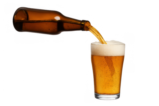 Golden beer pouring from a brown bottle into a glass mug, creating a refreshing foam, transparent background - Powered by Adobe