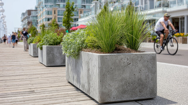 Concrete planters with greenery on a boardwalk, cyclist passing. - Powered by Adobe