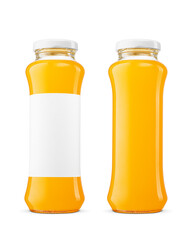 Two glass jars filled with orange juice, one with a customizable blank label isolated. Transparent PNG image.