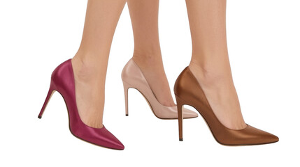 A close up of three pairs of legs wearing different colored high heel shoes on a black background