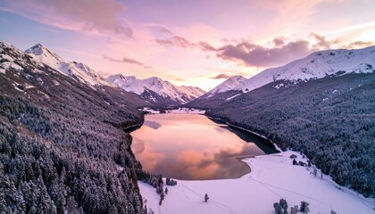 An aerial view of a tranquil winter scene featuring snow-capped mountains, a dense pine forest covered in snow, and a still lake reflecting the soft colors of t