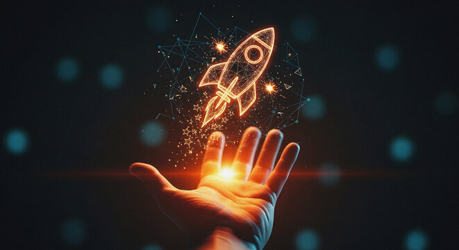 Human Hand Holding a Glowing Digital Rocket Outline Symbolizing Startup Launch and Innovation Futuristic Concept of Business Success, Project Kickoff, and Technology Development