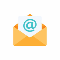 Email icon with open yellow envelope and at symbol for digital message and contact