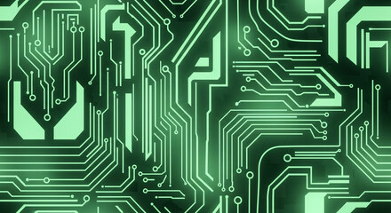 Dynamic green circuit board design showcasing modern technology, perfect for digital innovation, data processing, and futuristic concepts