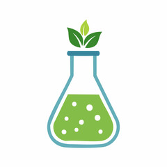 Erlenmeyer flask with green liquid and leaves, ecological concept