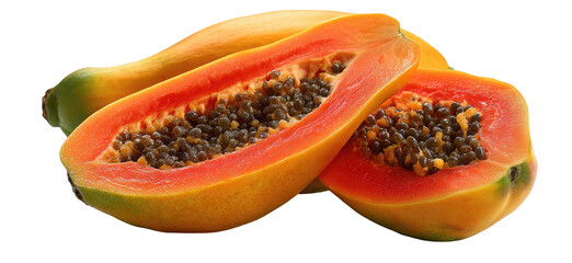 Sliced tropical fruit with vibrant orange flesh and dark seeds