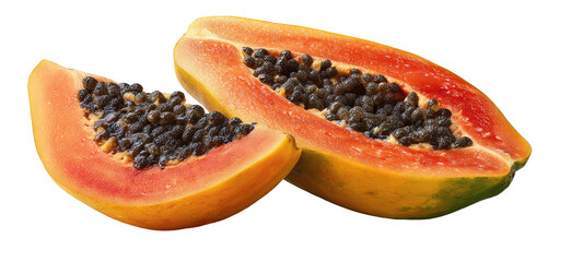 Two halves of a vibrant orange papaya with black seeds and rind