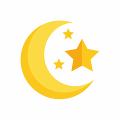 Yellow crescent moon and three shining stars simple graphic illustration