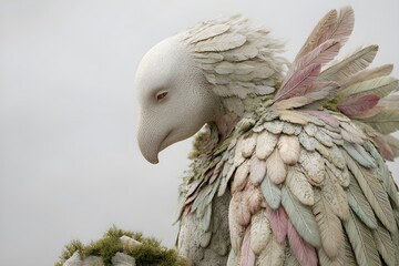 A female bird with the face of a woman, but covered in feathers, with pastel colored wings on her back and dressed in full feathers. It was in a country of sand and moss under a pale and cloudy sky