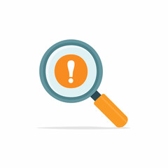 Magnifying glass searching an orange exclamation mark, inspection, finding error, search result