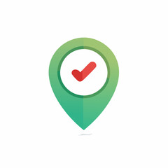 Modern location pin icon in gradient green with a red checkmark symbolizing successful confirmation or accuracy