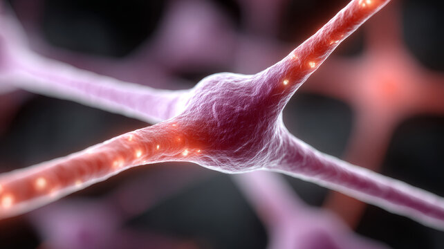 Close-up view of neurons with glowing synapses.