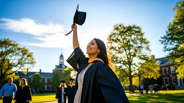 Woman celebrating graduation on campus raising cap. Achieving academic success and future aspirations in college video.