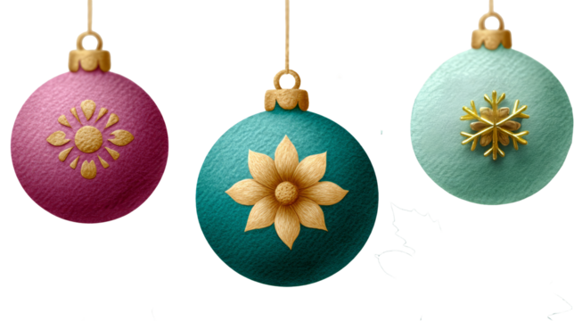Colorful decorative Christmas ornaments with intricate designs hanging on strings, showcasing festive spirit and holiday cheer in a vibrant illustration. transparent background, isolated image