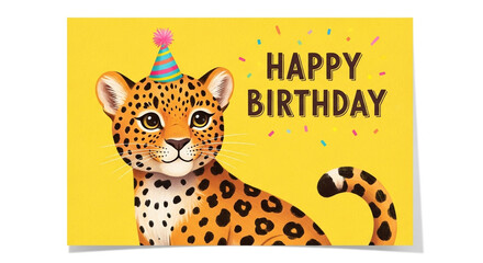 Joyful cheetah celebrates birthday with festive hat and colorful confetti, spreading cheer and excitement for any special occasion