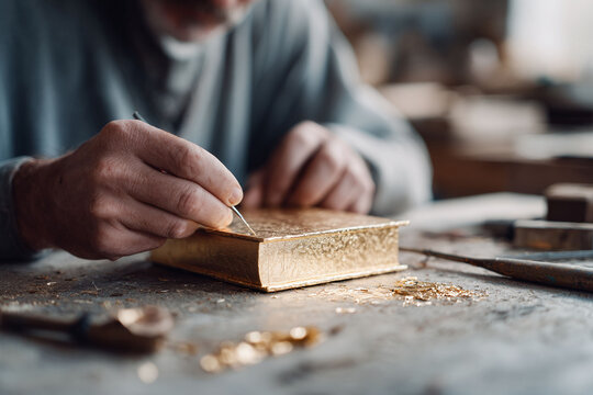 Craftsman meticulously applies gold leaf to a book. Symbol of tradition, artistry, and luxury. Ideal for representing heritage, publishing, and refined craftsmanship.