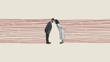 Stylized collage of couple leaning forward with gentle emotional connection over abstract red line pattern. Concept of relationships, communication, trust building, branding, editorial visuals.