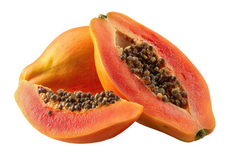Ripe, halved papaya with seeds, on a black background