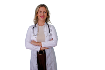 Smiling female doctor wearing white lab coat and stethoscope, arms crossed, providing expert healthcare, isolated, transparent background