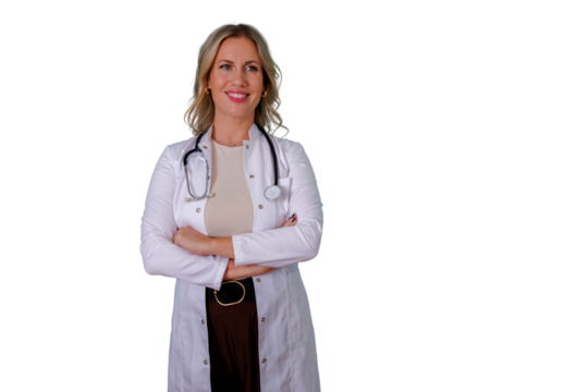 Smiling female doctor wearing white lab coat and stethoscope, arms crossed, providing expert healthcare, isolated, transparent background - Powered by Adobe