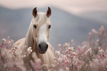 A light yellow horse standing among the blooming flowers focused on her soft eyes and the wind lifting her hair. The field was filled with cream, purple and soft pink flowers